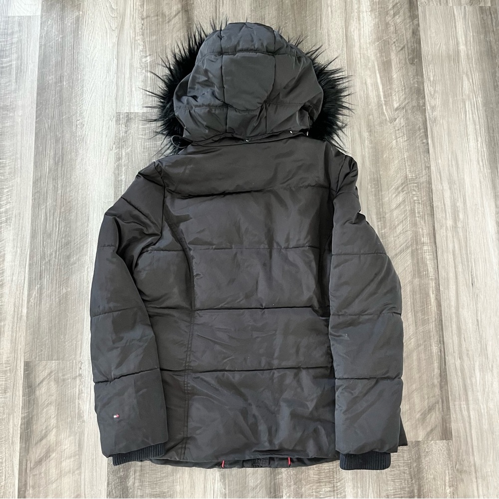 Black Puffer Jacket with Faux Fur Hood - Picture 3 of 4